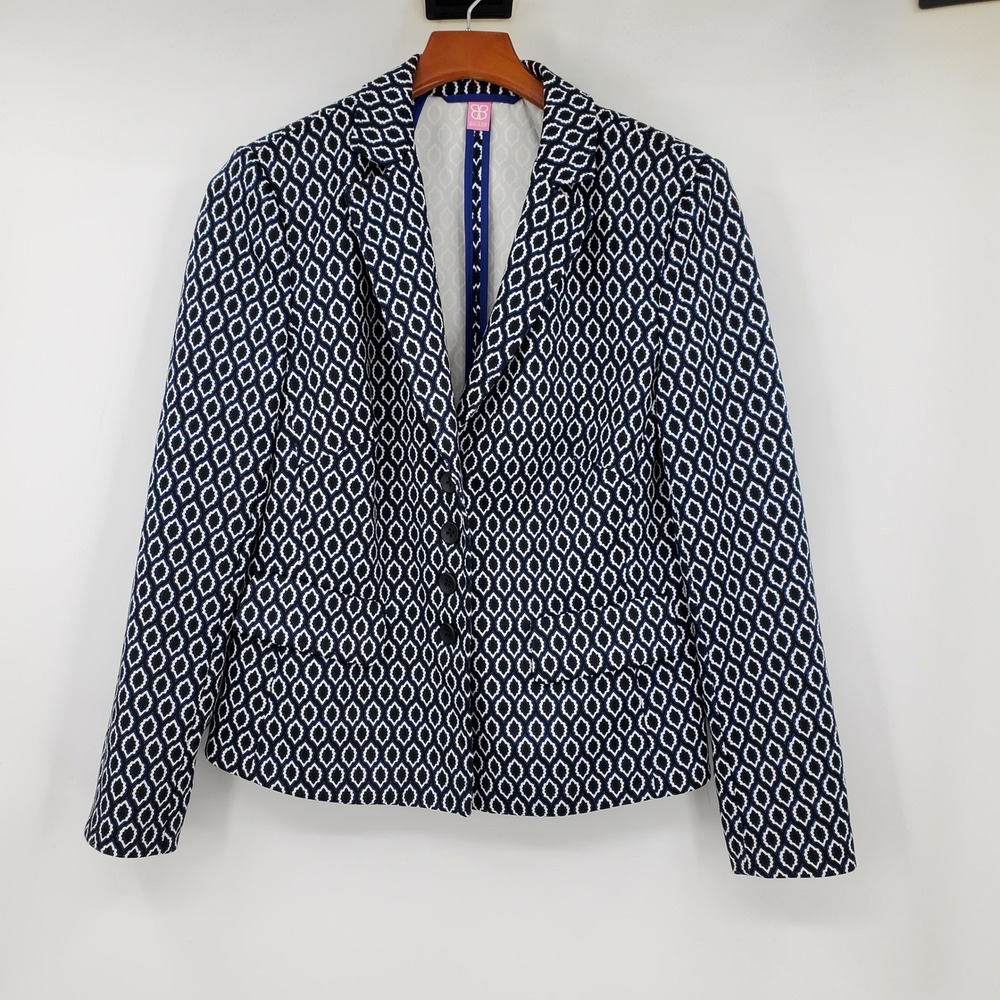 Basler Navy Blue White Geometric Diamond Pattern Blazer Jacket Size 40 Tailored